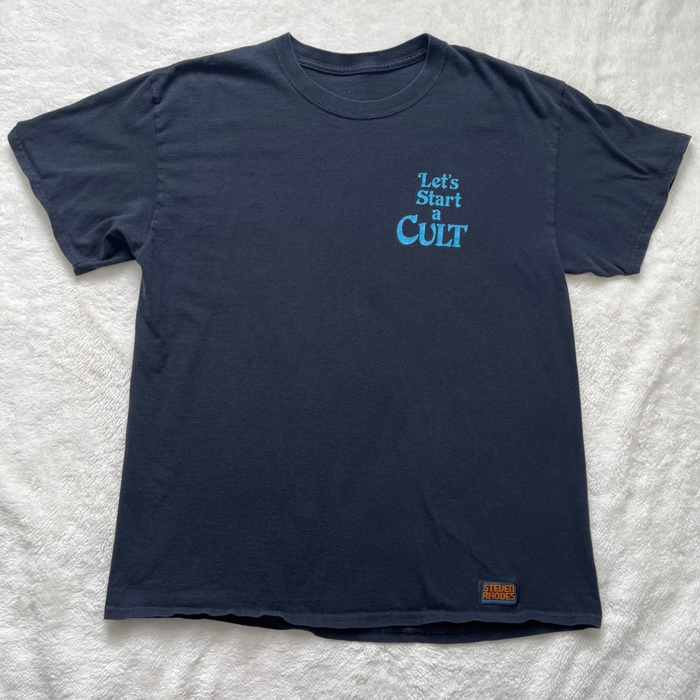 Steven Rhodes Let's Start a Cult T-Shirt Mens Black Graphic Tee Large